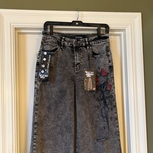 Embroidered Rose Black Washed/Grey Women's Flare Jeans